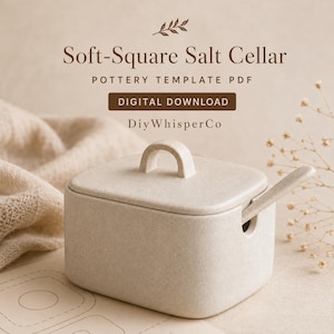 May include: A beige, soft-square salt cellar with a matching lid and a small spoon resting in a side notch. The text reads: Soft-Square Salt Cellar, POTTERY TEMPLATE PDF, DIGITAL DOWNLOAD, DiyWhisperCo. The design features a simple, clean aesthetic.
