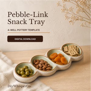 May include: A Pebble-Link Snack Tray 4-well pottery template digital download. The tray is an elongated, speckled ceramic dish with four rounded compartments containing green olives, almonds, dried apricots, and square crackers.