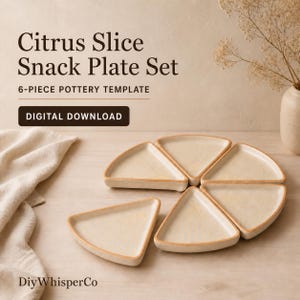 May include: A 6-piece pottery template for a Citrus Slice Snack Plate Set, available as a digital download. The image displays six triangular, off-white ceramic plates with light brown edges arranged in a circular pattern on a flat surface.