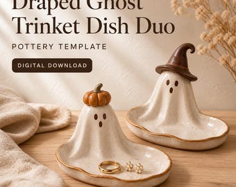 May include: Two off-white ceramic ghost-shaped trinket dishes with speckled textures and brown edges. One ghost wears a brown witch hat, the other a small orange pumpkin. Text reads: Draped Ghost Trinket Dish Duo, POTTERY TEMPLATE, DIGITAL DOWNLOAD, DiyWhisperCo.