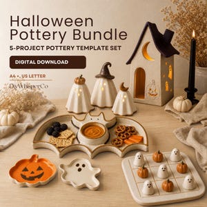 May include: A Halloween Pottery Bundle digital download set featuring a ceramic house, ghost figurines, a bat-shaped serving tray, a pumpkin dish, a ghost dish, and a tic-tac-toe board with pumpkin and ghost pieces. Text includes Halloween Pottery Bundle.