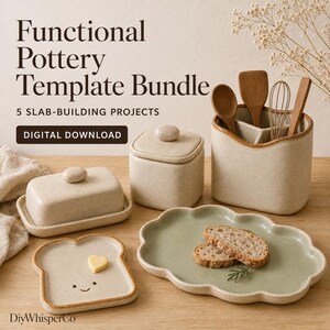 May include: A collection of ceramic kitchenware including a rectangular butter dish with a lid, a square lidded canister, a multi-compartment utensil holder, a toast-shaped plate with a heart, and a cloud-shaped plate with bread slices.