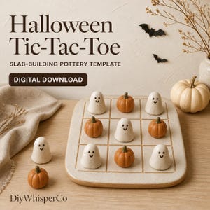 May include: A Halloween Tic-Tac-Toe slab-building pottery template digital download featuring a beige ceramic game board with a grid and small ceramic game pieces shaped like white ghosts and orange pumpkins with brown stems.