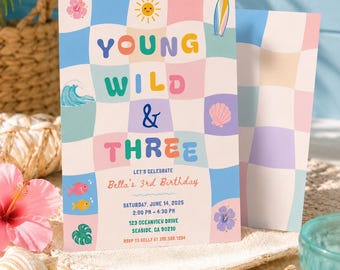 Young Wild & Three Invitation | Beach Checkered 3rd Bday Invite | Pastel Coastal Surf Editable Canva Template | Boy Girl 5x7 Digital