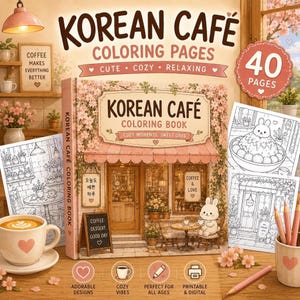 Livre de coloriage coréen, 40 pages PDF sur le thème des cafés et de la nourriture