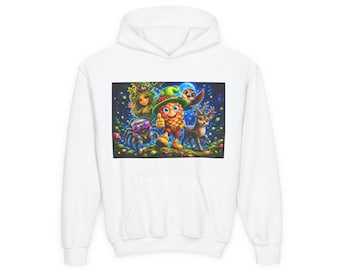 Whimsical Forest Characters Youth Hoodie | Owl, Fox, Mushroom Friends