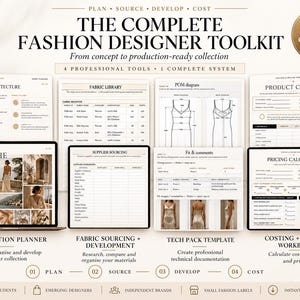 May include: The Complete Fashion Designer Toolkit includes a collection planner, fabric library, tech pack template, and costing and pricing workbook. These digital documents feature tables, diagrams, and text for planning, sourcing, developing, and costing fashion collections.