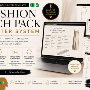 May include: A digital fashion tech pack starter system for Excel and Google Sheets, featuring a laptop displaying a bias midi dress design, technical flat sketches, measurement charts, and a bill of materials for professional garment development.