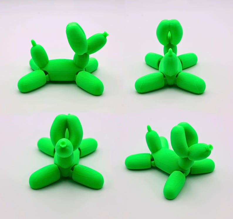 May include: Four bright green balloon dog sculptures in different poses. The sculptures are made to look like the classic balloon animal. The dogs are on a white background.