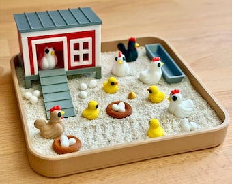 Zen Chicken Coop Garden Desk Toy – Mini Chicken Zen Garden Kit with Rake, Coop & Chicks – Farm Lover Gift, Desktop Decor