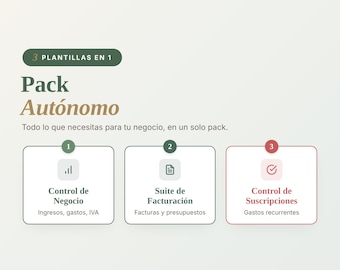 Pack 3 Plantillas Excel Autónomos Control de Gastos e Ingresos Plantilla Factura Control de Suscripciones Contabilidad Autónomo