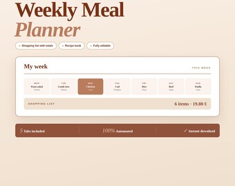 Meal Planner Spreadsheet Excel Weekly Meal Plan Template Grocery List Recipe Organizer Menu Planner Family Meal Planning Shopping List