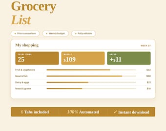 Grocery List Spreadsheet Excel Weekly Grocery Budget Planner Price Comparison Meal Planning Shopping List Template Grocery Expense Tracker