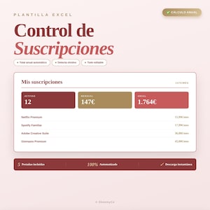 Puede incluir: Una plantilla de Excel para el control de suscripciones con un panel que muestra suscripciones activas, costes mensuales y totales anuales. La interfaz incluye listas para Netflix, Spotify, Adobe y gimnasio sobre un fondo de color rosa claro.