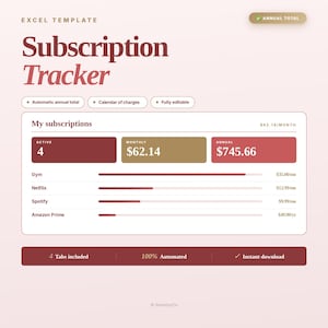 Puede incluir: Una plantilla de Excel para el seguimiento de suscripciones con un fondo rosa claro. La interfaz muestra las suscripciones activas, los totales mensuales y anuales, y una lista de servicios como Gym, Netflix, Spotify y Amazon Prime con costes.