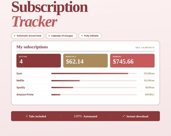 Prenumerationsspårning Kalkylblad Excel Månadsfakturaspårning Återkommande utgifter Prenumerationshanterare Streamingbudget Fakturabetalningsspårning