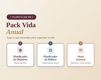 Pack 3 Plantillas Excel Planificador de Objetivos Registro de Hábitos Menú Semanal Organización Personal Propósitos Año Nuevo