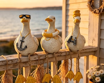 Set of 3 Nautical Seagull Shelf Sitter Figurines, Resin Hanging Leg Coastal Bird Statue, Beach Ocean Themed Indoor Outdoor Garden Decor Gift