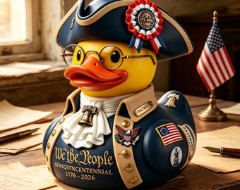 VS 250e verjaardag patriot eend beeldje, 1776-2026 patriottische hars decor, revolutionaire oorlogseend bureauornament, Fourth of July collectible