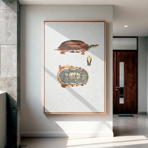 Pode incluir: Uma impressão emoldurada com duas ilustrações detalhadas de uma tartaruga. A imagem superior mostra a tartaruga de uma vista lateral, com uma carapaça marrom e marcas amarelas. A imagem inferior mostra a parte inferior da tartaruga. A moldura é marrom claro.