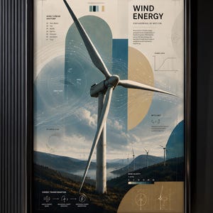 May include: A framed educational poster titled Wind Energy Engineering in Motion, featuring a large wind turbine in a landscape with technical diagrams, anatomy labels, power curve graphs, and energy transformation icons in blue, beige, and white.