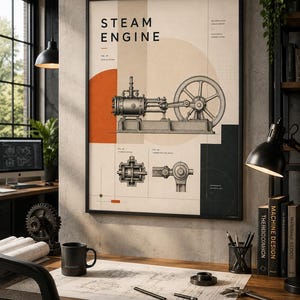 May include: A framed wall poster titled STEAM ENGINE featuring a detailed technical illustration of a steam engine, a cylinder section, and a connecting rod detail. The design includes geometric shapes in orange, beige, and dark grey colours.