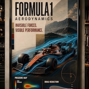 May include: A framed Formula 1 Aerodynamics poster featuring an orange race car with blue airflow lines, a mountain landscape, and text reading Formula 1 Aerodynamics, Invisible Forces. Visible Performance., Pressure Map, and Drag Reduction.
