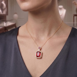 Regal Ruby Red Gold Necklace, Rectangular Gemstone Halo Pendant, Statement Jewelry