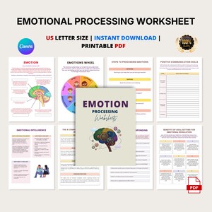 Può includere: Una raccolta digitale di fogli di lavoro per l'elaborazione emotiva in formato lettera USA. Il set include pagine intitolate Emotion, Emotions Wheel, Steps to Processing Emotions, Positive Communication Skills, Emotional Intelligence e Goal Setting.