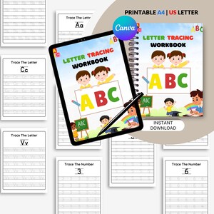 May include: A digital letter tracing workbook displayed on a tablet screen alongside a spiral-bound physical copy and several printable worksheets. The cover features cartoon children and the text Letter Tracing Workbook with large ABC letters.