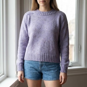 May include: A lavender long-sleeve jumper with a speckled texture, featuring a ribbed crew neckline, ribbed cuffs, and a ribbed hem, paired with blue denim shorts. The knit fabric has a heathered appearance with small dark flecks throughout.