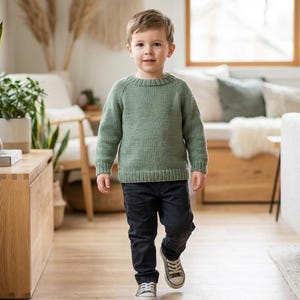 May include: A sage green long-sleeved knit sweater with a ribbed crew neckline, cuffs, and hem, paired with dark navy blue trousers and grey canvas sneakers. The sweater features a classic stockinette stitch pattern and a comfortable, relaxed fit.