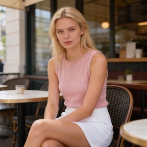 May include: A sleeveless, ribbed knit top in a soft pastel pink hue featuring a classic crew neckline, paired with a crisp, solid white skirt. The garment combination presents a clean, simple aesthetic with a focus on texture and neutral colour contrast.