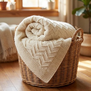 Könnte beinhalten: Eine cremefarbene Strickdecke mit strukturiertem Zickzackmuster und kraus rechts gestricktem Rand, ordentlich zusammengerollt in einem runden, hellbraunen Weidenkorb mit zwei seitlichen Griffen zur einfachen Aufbewahrung und Handhabung.
