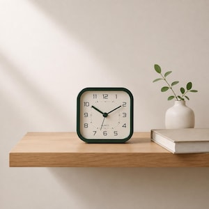 Può includere: Una sveglia analogica quadrata con una cornice verde scuro e un quadrante color crema. L'orologio presenta numeri arabi neri da uno a dodici, lancette nere per ore e minuti e la parola QUARTZ stampata in nero nella parte centrale inferiore.