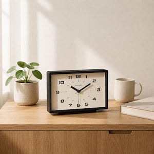 May include: A rectangular black analog table clock with a cream-colored face, black numerals from 1 to 12, and black hour, minute, and second hands. The clock features the brand name "FULLES" printed in black text on the center of the clock face.