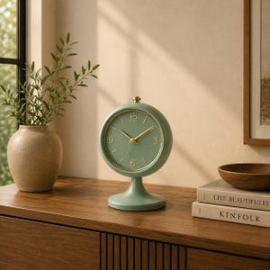 May include: A sage green table clock with a circular face, gold-toned hands, and gold-toned numerals at the 3, 6, 9, and 12 o'clock positions. The clock features a matching sage green pedestal base and a small gold-toned knob at the top.