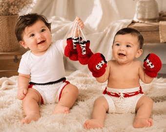 Crochet Baby Boxing Outfit Photo Prop, Red Gloves & Diaper Cover, Newborn Costume, Baby Shower Gift