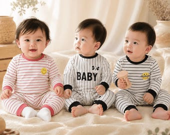Striped Baby One Piece Romper, Long Sleeve Infant Outfit with Smiley or Panda Graphic