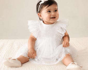 White Baby Lace Tulle Dress and Floral Headband, Infant Photo Outfit, Christening Birthday Special Occasion Dress