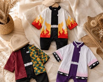 Baby Costume Romper, Anime Inspired Kimono Style Onesie with Cape Print, Flame Geometric Butterfly Photo Outfit