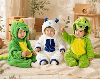 Baby Dinosaur Dragon Hooded Plush Romper, Cute Animal Costume Onesie for Infant Toddler Photos, Baby Shower Gift