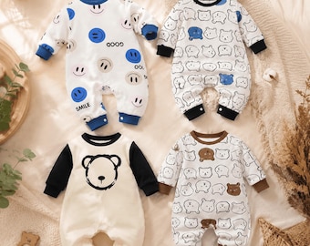 Cute Animal Baby Romper, Long Sleeve One Piece Infant Outfit with Snap Bottom, Dinosaur Cow Tiger Puppy Designs