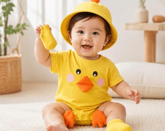 Baby Duck Costume Romper Set, Yellow Chick Onesie with Hat and Socks, Cute Infant Photo Outfit Baby Shower Gift