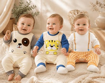 Cute Animal Baby Romper, Long Sleeve One Piece Infant Outfit with Snap Bottom, Dinosaur Cow Tiger Puppy Designs
