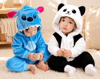 Baby Animal Onesie Costume - Panda & Blue Monster Hooded Pajamas, Toddler Halloween Outfit, 1st Birthday Gift, Cosplay Jumpsuit