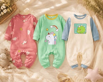 Cute Long Sleeve Baby Romper, Cartoon Unicorn Dinosaur One Piece Outfit, Soft Infant Sleepwear Gift