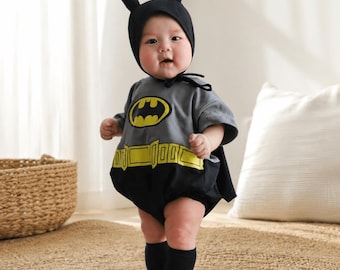 Baby Bat Hero Costume Outfit with Cape, Hooded Ear Hat, Gray Romper for Halloween Photos