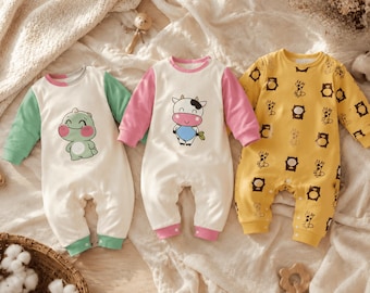 Cute Animal Baby Romper, Long Sleeve One Piece Infant Outfit with Snap Bottom, Dinosaur Cow Tiger Puppy Designs