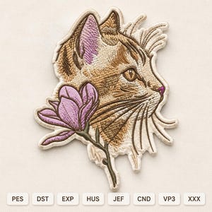 Cat Profile with Pink Flower Machine Embroidery Design, Cute Cat Animal Embroidery File, Floral Cat Patch Embroidery